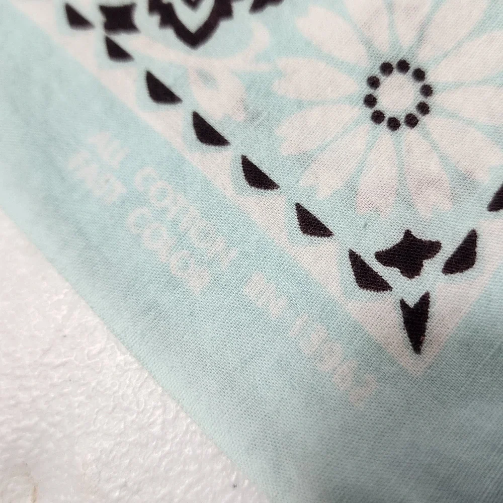 Vintage RN 13962 Light Teal Blue Cotton Floral Geometric Bandana Neckerchief